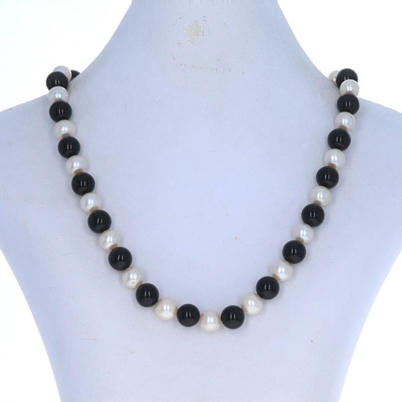 Yellow Gold Onyx & Cultured Pearl Beaded Strand Necklace 18