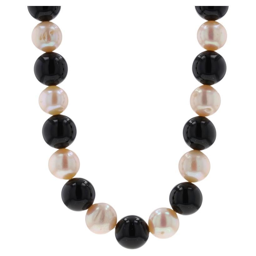 Yellow Gold Onyx & Cultured Pearl Beaded Strand Necklace 18" - 14k For Sale