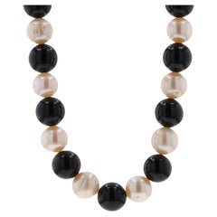 Yellow Gold Onyx & Cultured Pearl Beaded Strand Necklace 18" - 14k