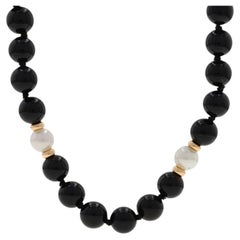 Collar de cadena anudada de perlas cultivadas de ónix de oro amarillo 31" - Cuentas de 14k