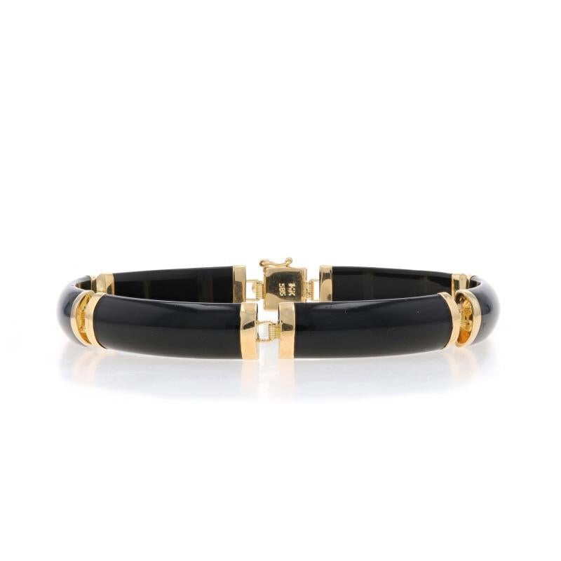 Metal Content: 14k Yellow Gold

Stone Information

Natural Onyx
Color: Black

Style: Curved Link
Fastening Type: Tab Box Clasp with One Side Safety Clasp
Theme: Fu Chinese Character Fortune Good Luck

Measurements

Length: 7