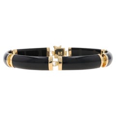 Yellow Gold Onyx Curved Link Bracelet 7" - 14k Fu Chinese Character Fortune Luck
