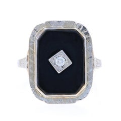 Yellow Gold Onyx Diamond Art Deco Ring - 10k Etched