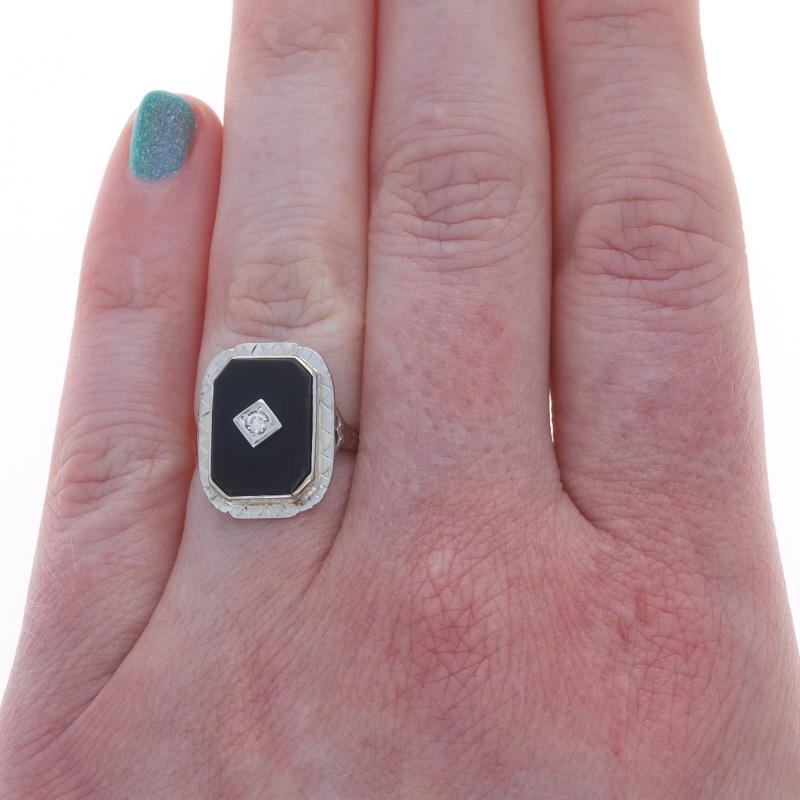 Anillo Art Déco Ónice Diamante Oro Amarillo - 10k Grabado Corte redondo en venta