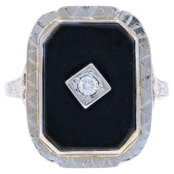 Anillo Art Déco Ónice Diamante Oro Amarillo - 10k Grabado