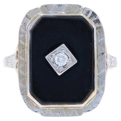 Anillo Art Déco Ónice Diamante Oro Amarillo - 10k Grabado