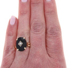 Yellow Gold Onyx Diamond Art Deco Ring - 10k Oval Cabochon Vintage