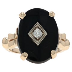 Yellow Gold Onyx Diamond Art Deco Ring - 10k Oval Cabochon Vintage