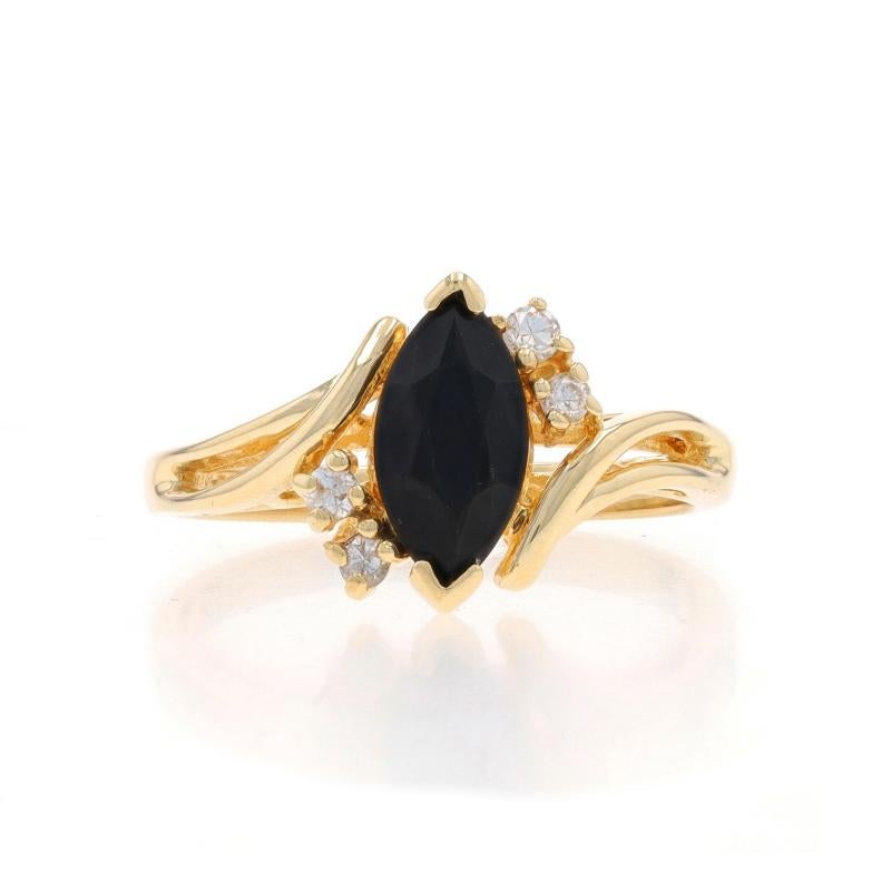 Size: 6 1/4
Sizing Fee: Up 2 1/2 sizes for $35 or Down 1 1/2 sizes for $35

Metal Content: 14k Yellow Gold

Stone Information
Natural Onyx
Cut: Marquise
Color: Black

Natural Diamonds
Carat(s): .06ctw
Cut: Round Brilliant
Color: G - H
Clarity: SI1 -