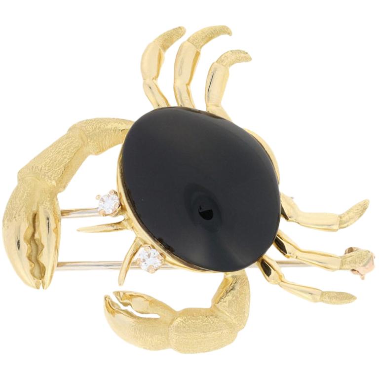 Yellow Gold Onyx & Diamond Crab Brooch 18k Round Brilliant .12ctw Crustacean Pin