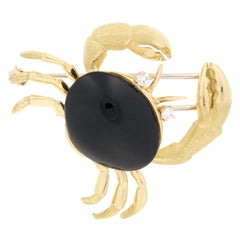 Yellow Gold Onyx & Diamond Crab Brooch 18k Round Brilliant .12ctw Crustacean Pin