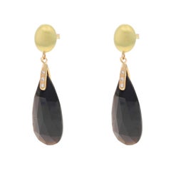 Yellow Gold Onyx & Diamond Dangle Earrings - 14k Pear Double Cabochon Pierced