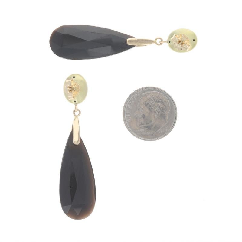 Pear Cut Yellow Gold Onyx & Diamond Dangle Earrings - 14k Pear Double Cabochon Pierced For Sale