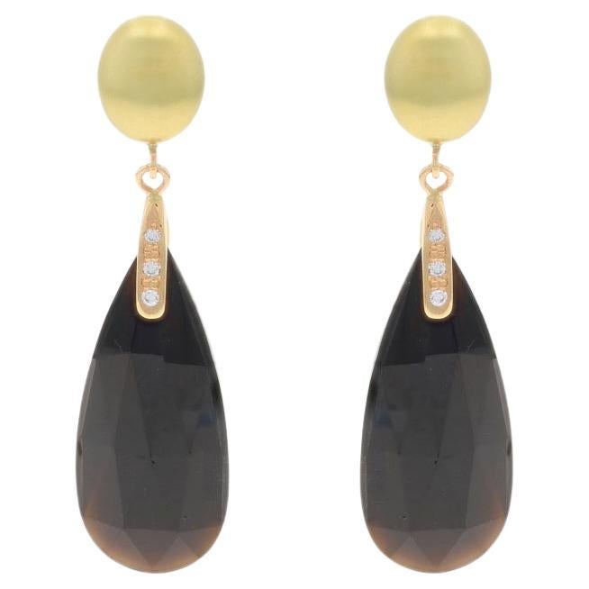 Yellow Gold Onyx & Diamond Dangle Earrings - 14k Pear Double Cabochon Pierced For Sale