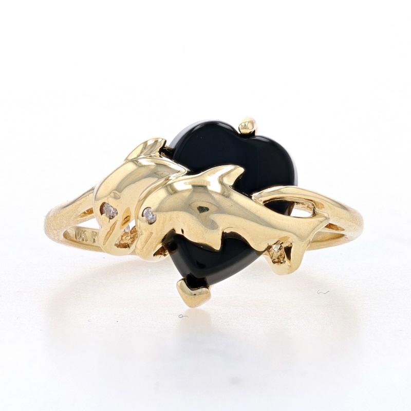 Size: 7
Sizing Fee: Up 2 sizes for $35 or Down 3 sizes for $30

Metal Content: 10k Yellow Gold

Stone Information
Natural Onyx
Color: Black

Natural Diamonds
Cut: Single
Stone Note: (two small accents)

Style: Solitaire with Accents
Theme: Dolphin