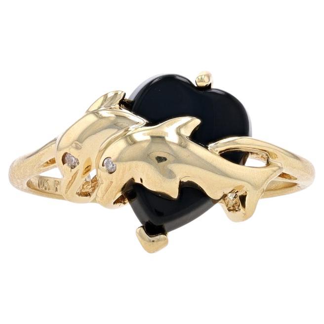 Yellow Gold Onyx & Diamond Dolphin Duo Bypass Ring - 10k Heart For Sale
