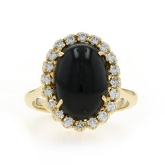 Yellow Gold Onyx Diamond Halo Ring - 18k Oval Cabochon .50ctw