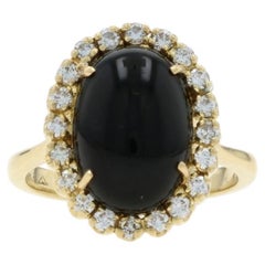 Yellow Gold Onyx Diamond Halo Ring - 18k Oval Cabochon .50ctw
