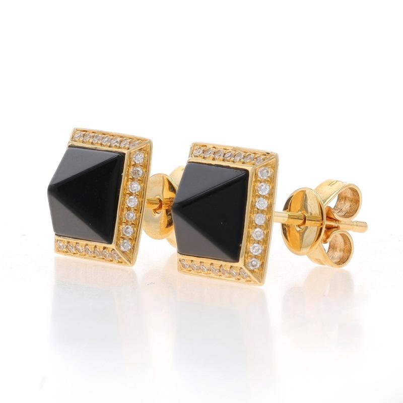 Metal Content: 14k Yellow Gold

Stone Information
Natural Onyx
Color: Black

Natural Diamonds
Carat(s): .16ctw
Cut: Single
Color: G - H
Clarity: VS2 - SI1

Total Carats: .16ctw

Style: Halo Stud
Fastening Type: Butterfly Closures
Theme: Pyramid