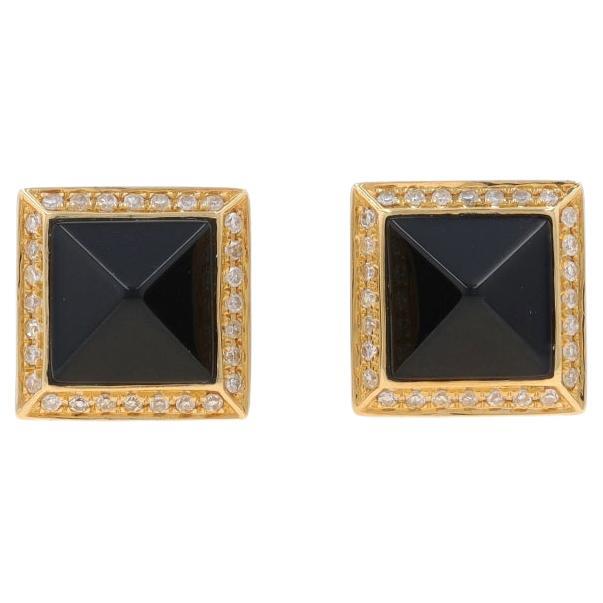 Yellow Gold Onyx & Diamond Halo Stud Earrings - 14k .16ctw Pyramid Point Pierced