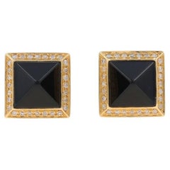 Yellow Gold Onyx & Diamond Halo Stud Earrings - 14k .16ctw Pyramid Point Pierced