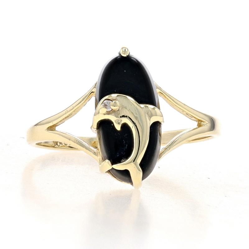 Size: 6 3/4
Sizing Fee: Up 2 sizes for $30 or Down 1 1/2 sizes for $20

Metal Content: 10k Yellow Gold

Stone Information

Natural Onyx
Color: Black

Natural Diamond
Cut: Single
Stone Note: (one small accent)

Style: Solitaire with Accent
Theme: