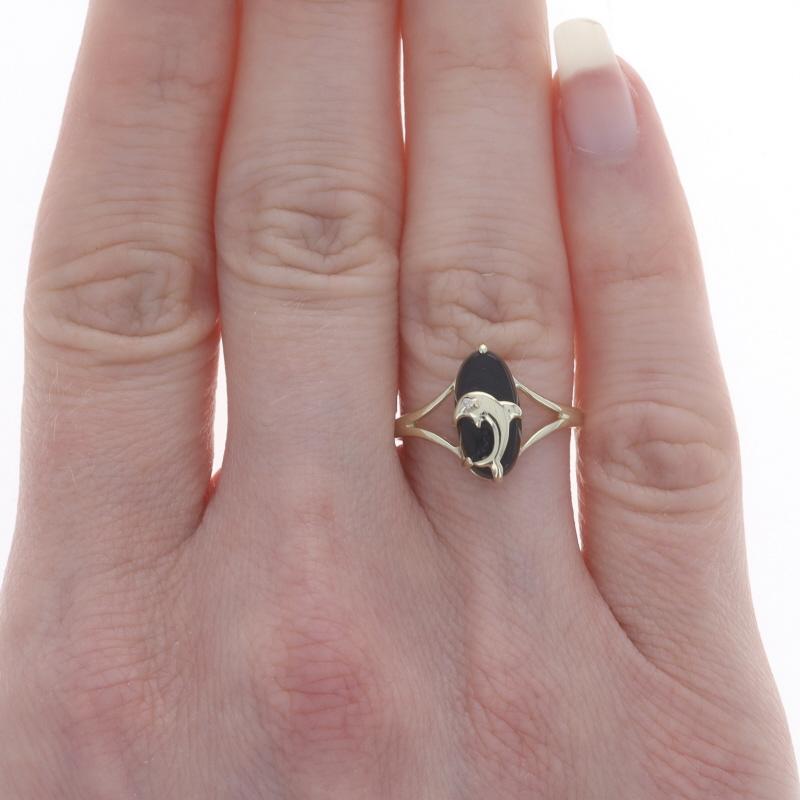 Single Cut Yellow Gold Onyx & Diamond Jumping Dolphin Ring - 10k Ocean Life For Sale