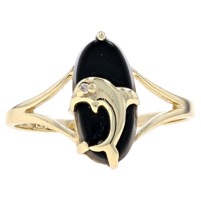 Yellow Gold Onyx & Diamond Jumping Dolphin Ring - 10k Ocean Life For Sale