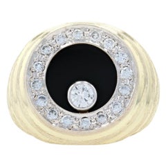 Yellow Gold Onyx & Diamond Men's Halo Ring, 14k Round Brilliant .68ctw Moves