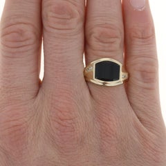 Yellow Gold Onyx & Diamond Men's Ring - 10k Barrel Cut
