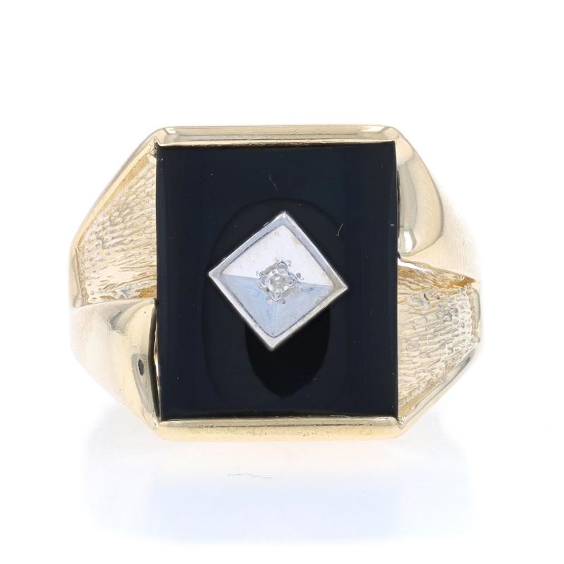 Size: 9
Sizing Fee: Up 2 sizes for $40 or Down 1 size for $30

Metal Content: 10k Yellow Gold & 10k White Gold

Stone Information

Natural Onyx

Natural Diamond
Carat(s): one small
Cut: Single

Style: Solitaire with Accent
Features: Etched