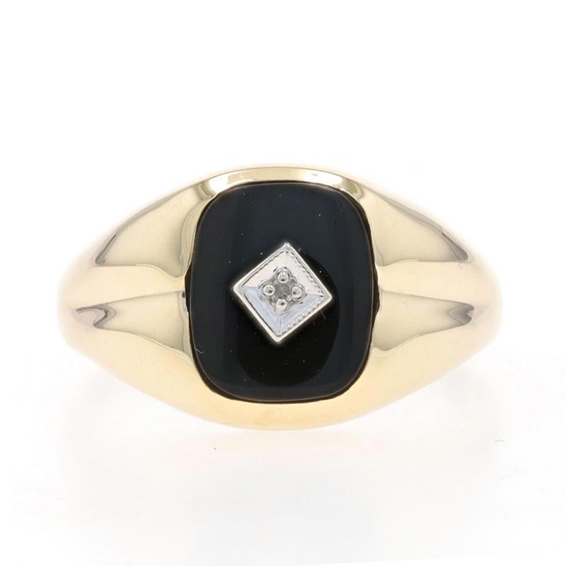 Size: 13
Sizing Fee: Up 2 sizes for $35 or Down 2 sizes for $25

Metal Content: 10k Yellow Gold & 10k White Gold

Stone Information

Natural Onyx
Color: Black

Natural Diamond
Cut: Single
Stone Note: (one small accent)

Style: Solitaire with