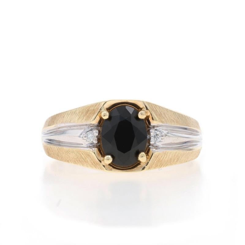 Size: 9
Sizing Fee: Up 2 sizes for $35 or Down 1 1/2 sizes for $25

Metal Content: 10k Yellow Gold & 10k White Gold

Stone Information

Natural Onyx
Cut: Oval
Color: Black

Natural Diamonds
Carat(s): .03ctw
Cut: Round Brilliant
Color: G
Clarity: