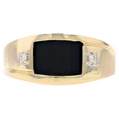 Yellow Gold Onyx & Diamond Men's Ring - 14k Barrel Cut