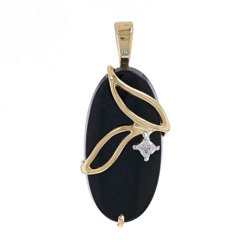 Metal Content: 14k Yellow Gold & 14k White Gold

Stone Information
Natural Onyx
Color: Black

Natural Diamond
Cut: Single
Stone Note: (one small accent)

Theme: Leaves

Measurements
Tall (from stationary bail): 1 1/16