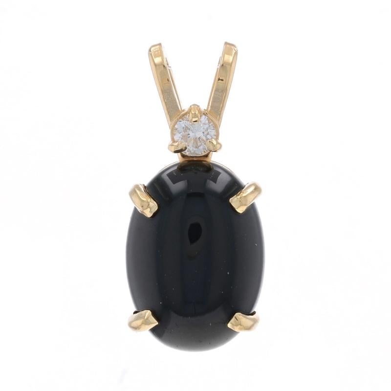 Metal Content: 14k Yellow Gold

Stone Information

Natural Onyx
Cut: Oval Cabochon

Natural Diamond
Carat(s): .10ct
Cut: Round Brilliant
Color: H
Clarity: SI2

Total Carats: .10ct

Style: Solitaire with Accent

Measurements

Tall (from stationary
