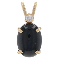 Yellow Gold Onyx Diamond Pendant - 14k Oval Cabochon .10ctw