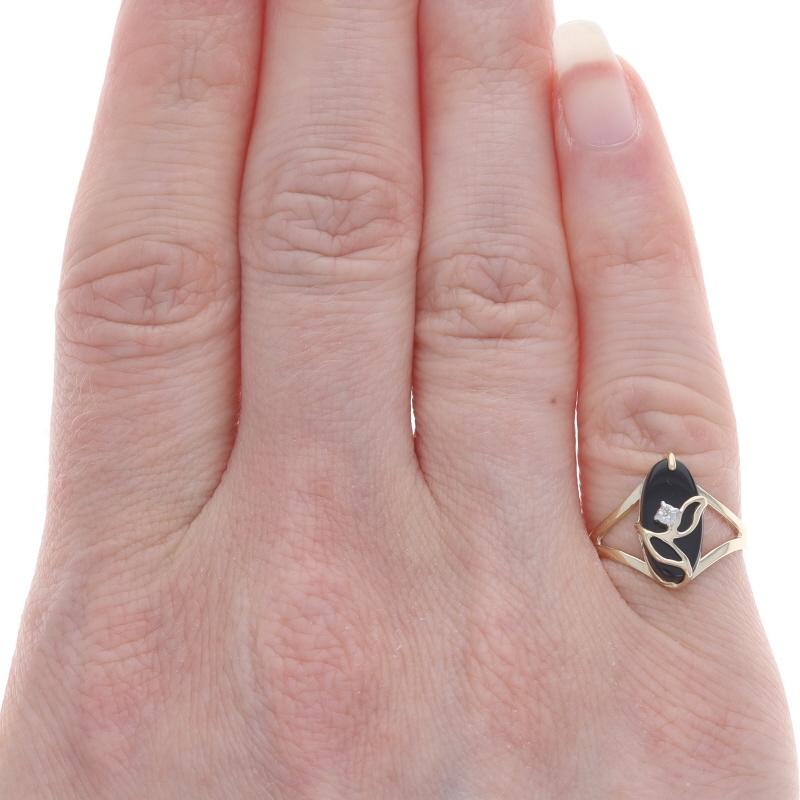 Single Cut Yellow Gold Onyx Diamond Ring - 10k Floral Leaf