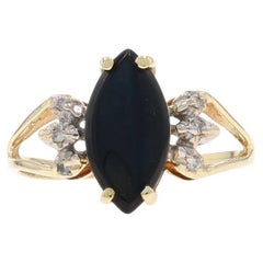 Yellow Gold Onyx Diamond Ring - 10k Marquise Flat Cut Leaves