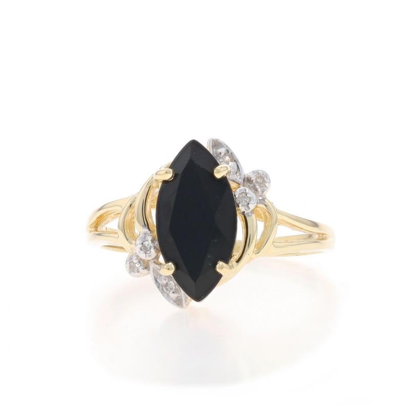 Size: 6 3/4
Sizing Fee: Up 2 sizes for $30 or Down 2 sizes for $30

Metal Content: 10k Yellow Gold & 10k White Gold

Stone Information

Natural Onyx
Cut: Marquise
Color: Black

Natural Diamonds
Carat(s): .01ctw
Cut: Single
Color: H - I
Clarity: SI2