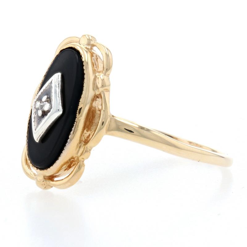 Single Cut Yellow Gold Onyx & Diamond Ring, 10k Milgrain
