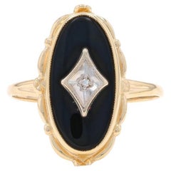 Yellow Gold Onyx Diamond Ring - 10k Milgrain