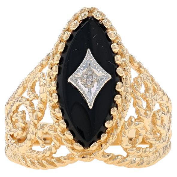 Yellow Gold Onyx & Diamond Ring - 14k Marquise Cabochon For Sale