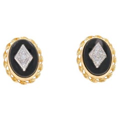 Yellow Gold Onyx Diamond Stud Earrings - 14k Milgrain Rope Pierced
