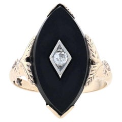 Yellow Gold Onyx & Diamond Vintage Ring - 10k Botanical Leaves