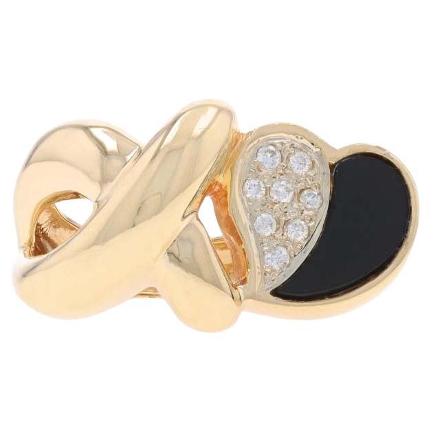 Yellow Gold Onyx Diamond XO Heart Ring - 14k Inlay .14ctw Love Cluster For Sale