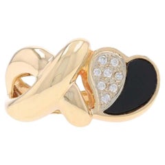 Yellow Gold Onyx Diamond XO Heart Ring - 14k Inlay .14ctw Love Cluster