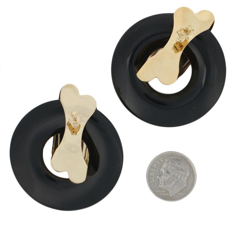 Round Cut Yellow Gold Onyx Earrings, 14k Pierced Door Knocker Dangles