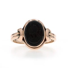 Yellow Gold Onyx Edwardian Ring - 14k Cameo Antique Solitaire