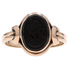 Yellow Gold Onyx Edwardian Ring - 14k Cameo Antique Solitaire